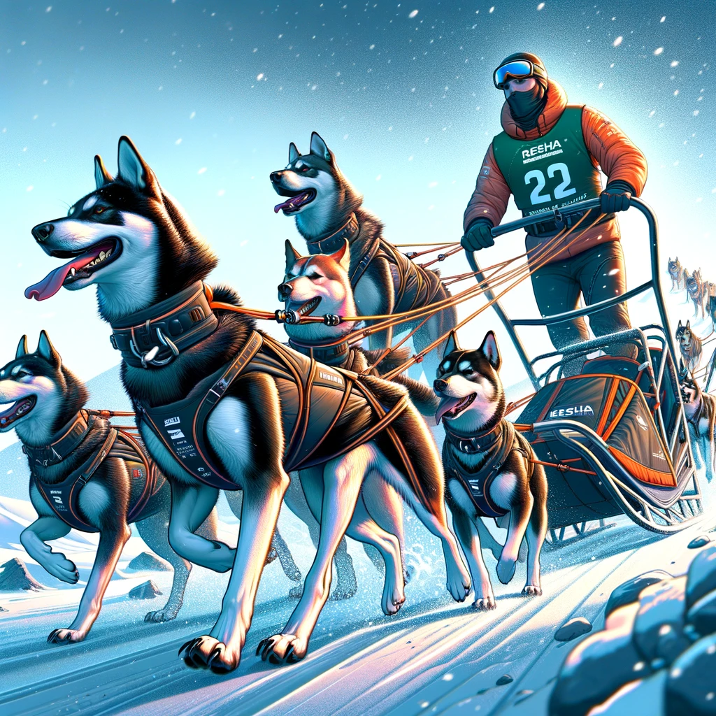 The image perfectly captures the essence of dog sledding with Resha's equipment, highlighting the excitement and strong bond between the dogs and their musher.