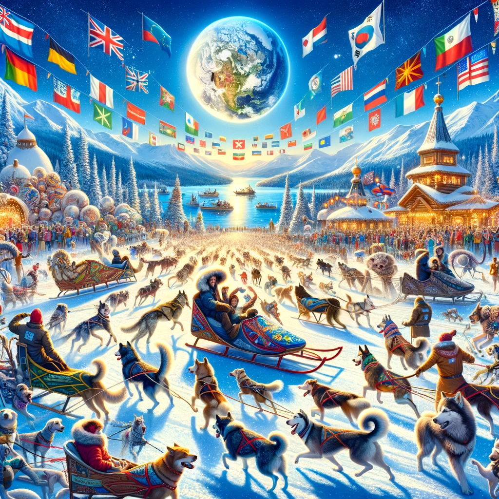 The image beautifully captures the essence of dog sledding's global community, showcasing a rich tapestry of cultures united by their love for this exhilarating sport.