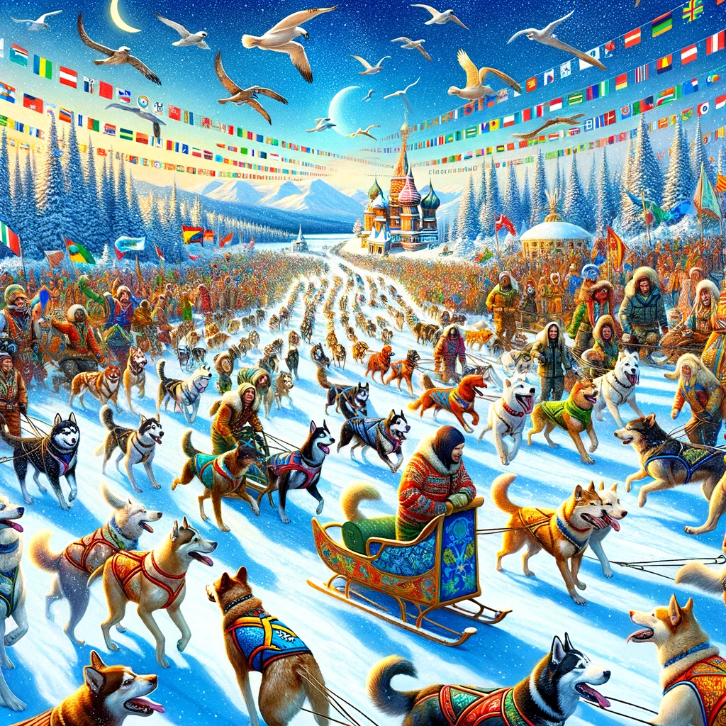 The image beautifully represents the universal appeal of dog sledding, showcasing the unity and diversity within the sport's global community.